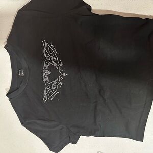 Black Crop T-Shirt with Rhinestone Design